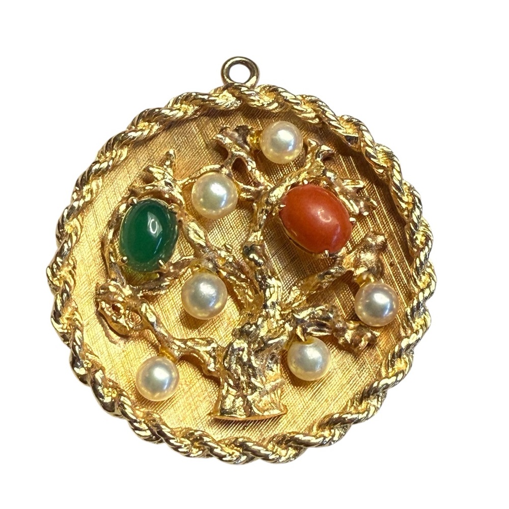 Vintage William Ruser 14k Gold Tree of Life Pendant Charm with Gems & Pearls